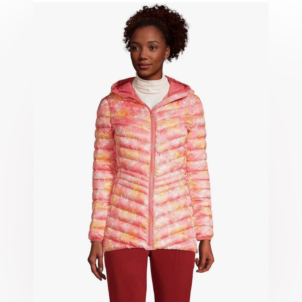 Lands' End Wanderweight Packable Down Long Jacket - Pink and Yellow Sz LP
